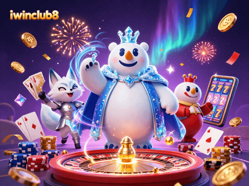 Spin and win big with iwinclub8's dazzling gaming scene featuring royal characters and casino elements.