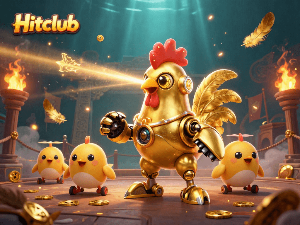 Hitclub offers thrilling gaming experiences with a retro-futuristic golden robot and drones in action.