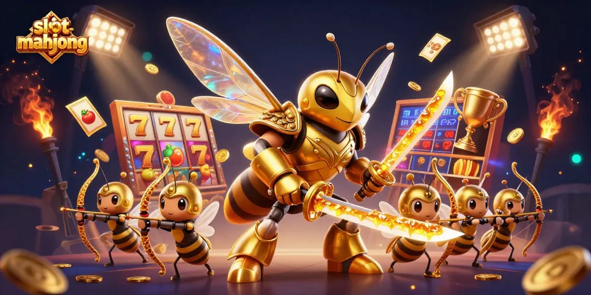 Experience thrilling slot mahjong action with a dynamic scene of a golden hornet and bee archers.