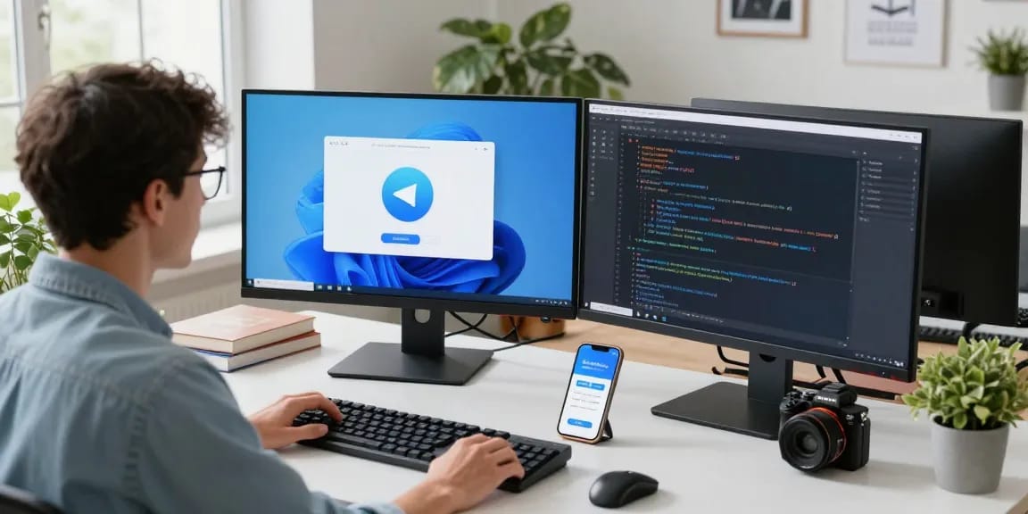 Engaging tech workspace showcasing Telegram download on dual monitors, emphasizing modern communication.