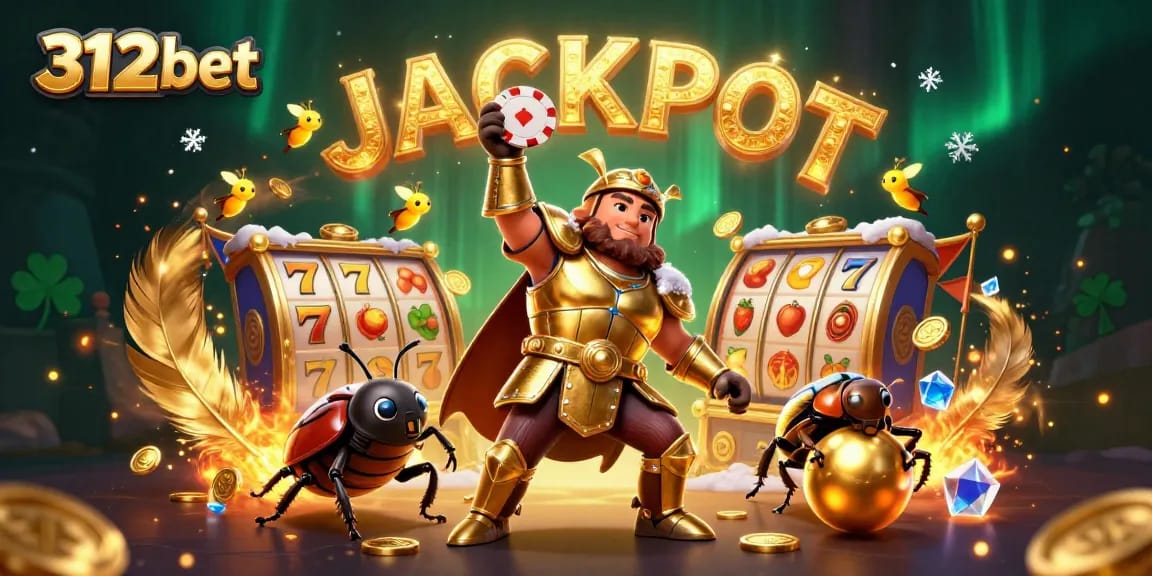 Experience the thrill of 312bet with a victorious hercules beetle in a vibrant casino scene.