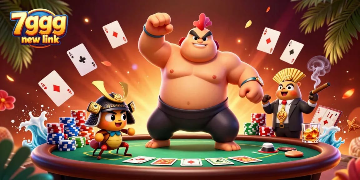 Experience thrilling poker action with 7gggg new link in this dynamic casino scene featuring unique characters.