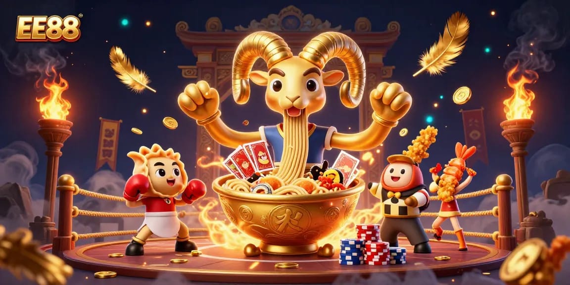 Engage in the exciting world of EE88 with a dynamic 3D illustration showcasing vibrant gaming elements and characters.