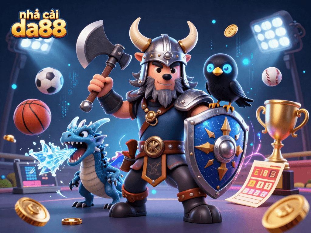 Engage in thrilling betting with nhà cái da88 featuring a Viking wolf warrior and dynamic sports elements.