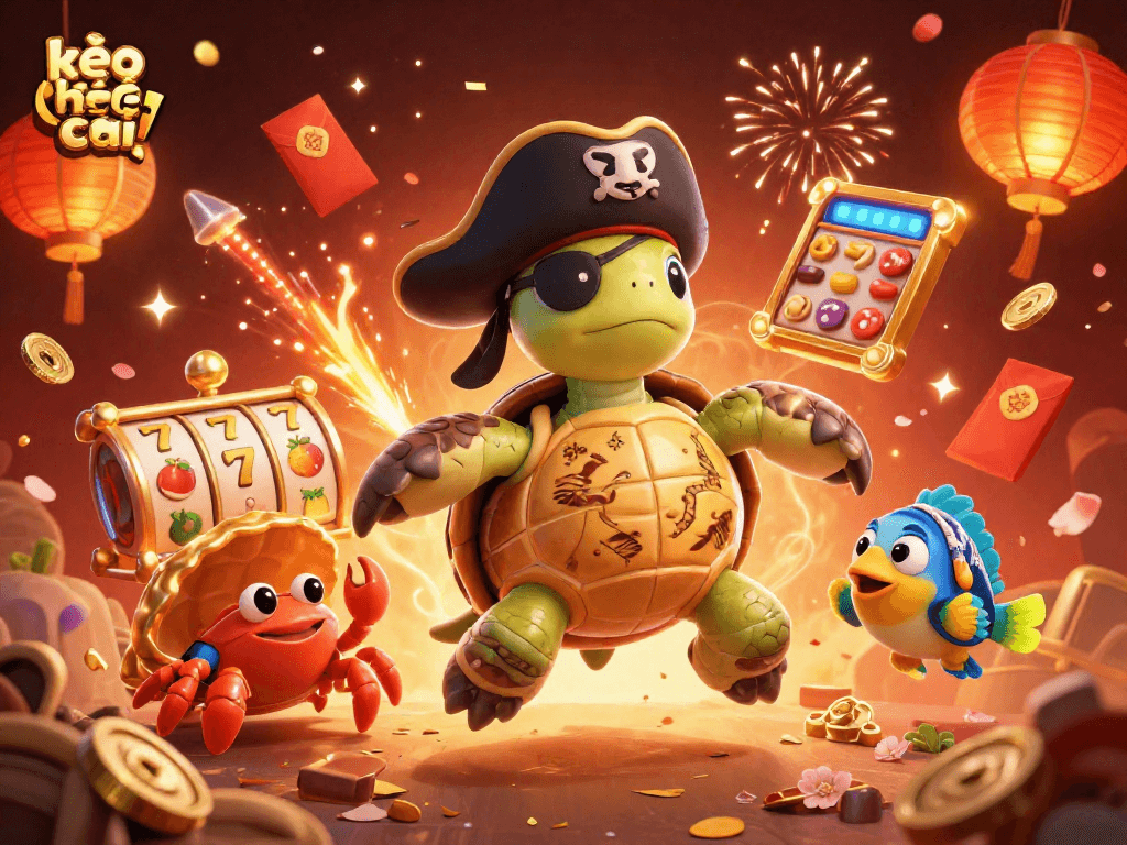 Spin to win with kèo nhà cái 5: Exciting scene with pirate turtle and vibrant slot symbols!
