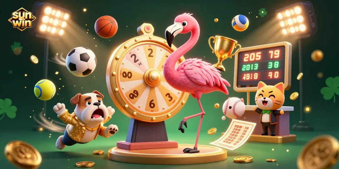 Win big at sun win with a flamingo host, bulldog contestant, and vibrant sports elements.