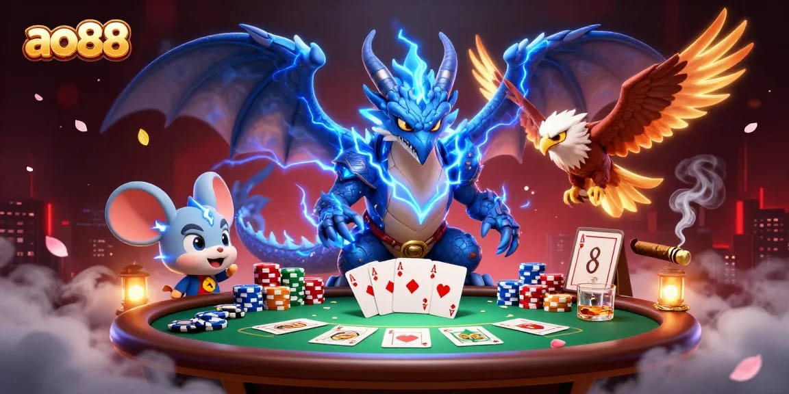 Join the action at ao88 with a thunder dragon and wind hawk on a dynamic poker table.