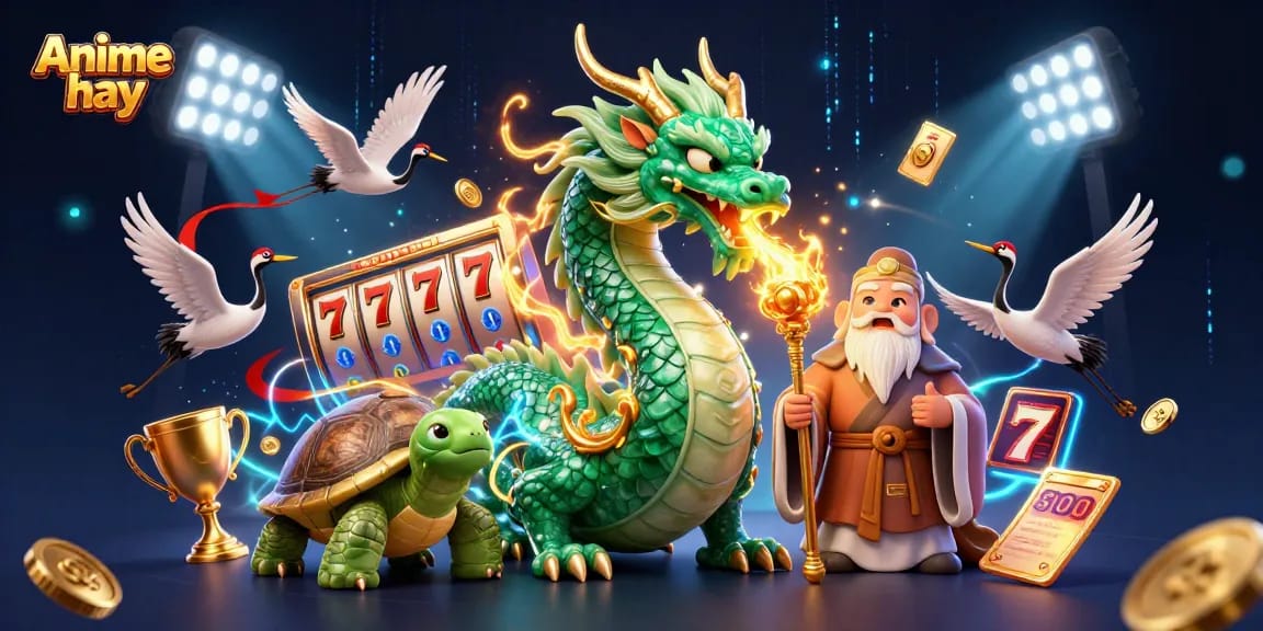 Experience thrilling gaming with Anime hay as a jade dragon and cartoon turtle engage in dynamic slots action.