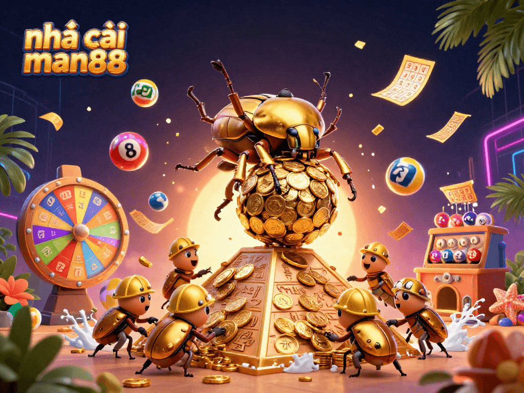 Engage with nhà cái man88 in a vibrant gaming scene featuring golden beetles and casino elements.
