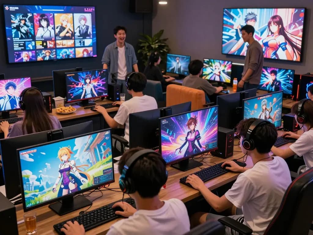 Interactive adult game lounge with diverse players enjoying various genres like visual novels and hentai.