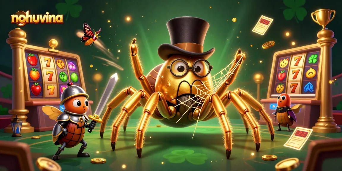 Nohuvina features a giant golden tarantula weaving a web of luck amid vibrant slot reels and gaming action.