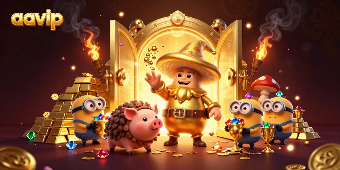Experience exciting gameplay at aavip, featuring a golden mushroom wizard and treasure elements.