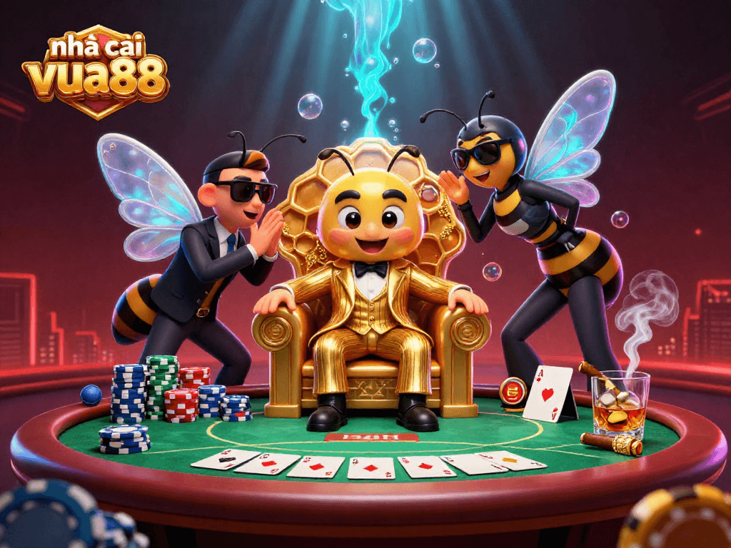 Engage with the dynamic scene showcasing nhà cái vua88, featuring a cartoon mob boss and vibrant casino elements.