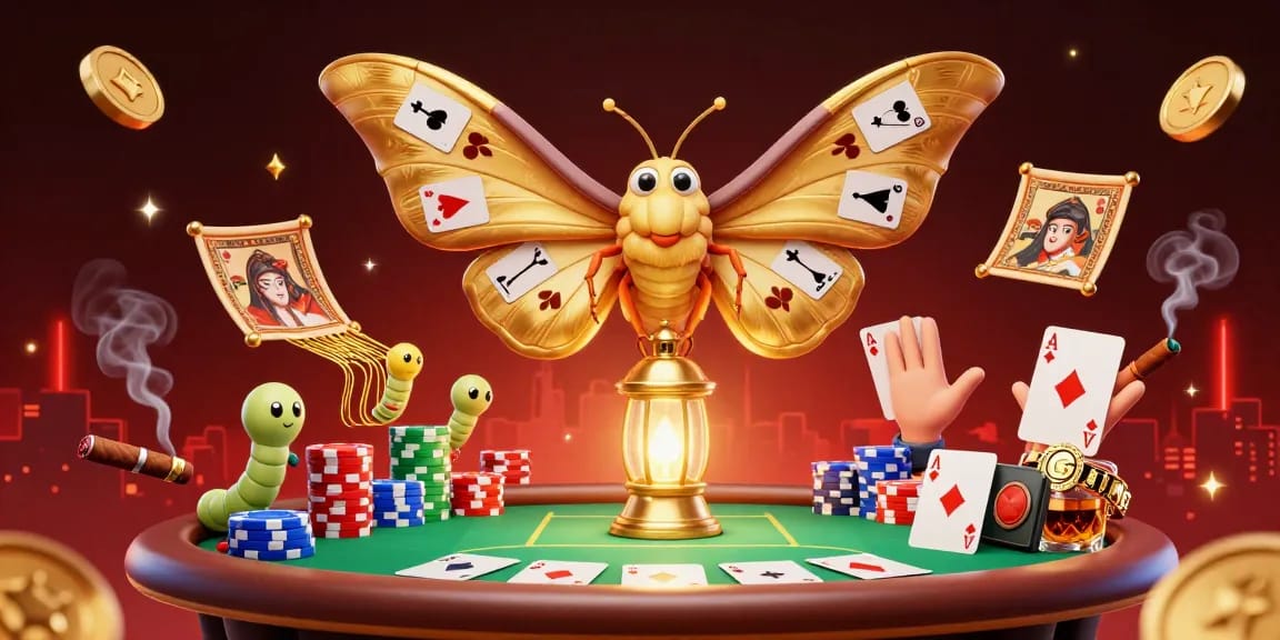 F8bet showcases a vibrant casino tableau with dazzling moths and rich poker details.