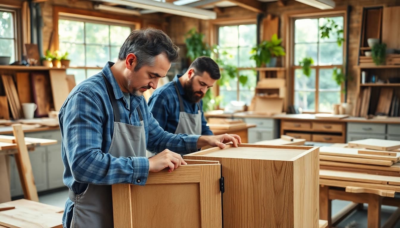 cabinet makers crafting furniture in a sunny workshop with tools and wood