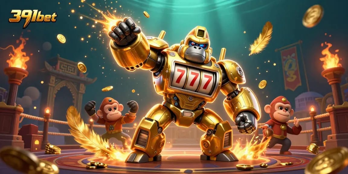 Engage with 391bet's vibrant 3D casino illustration featuring a dynamic golden gorilla mech!