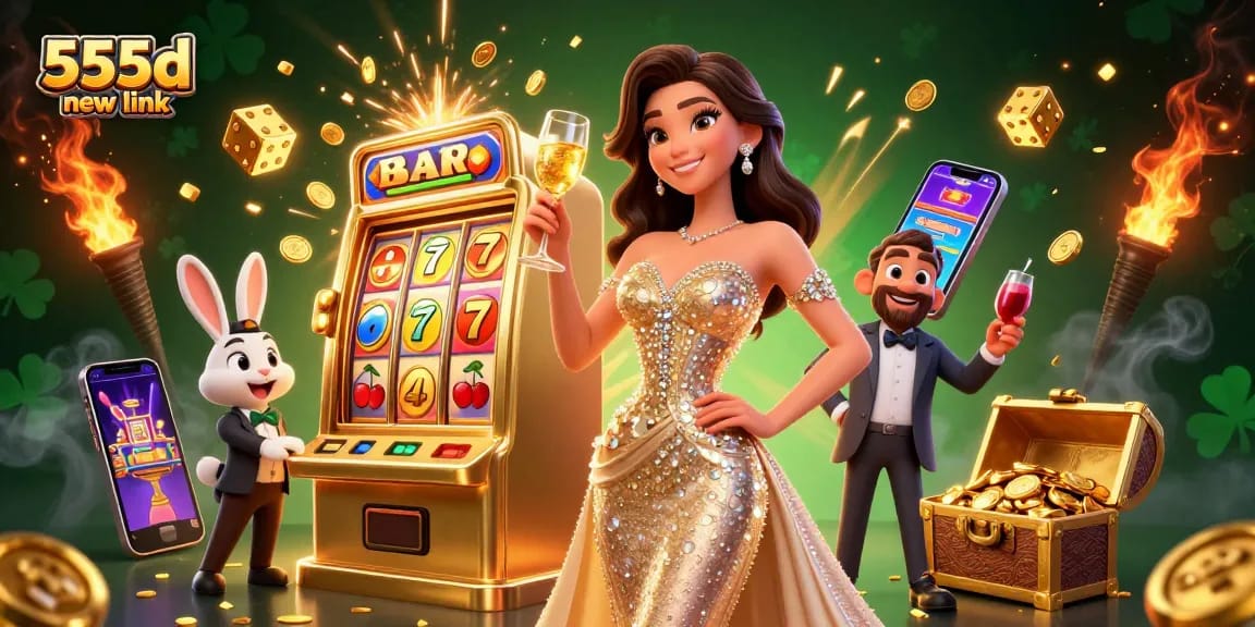 Enjoy the excitement of 555d new link with a glamorous gaming scene full of jackpots and vibrant elements.
