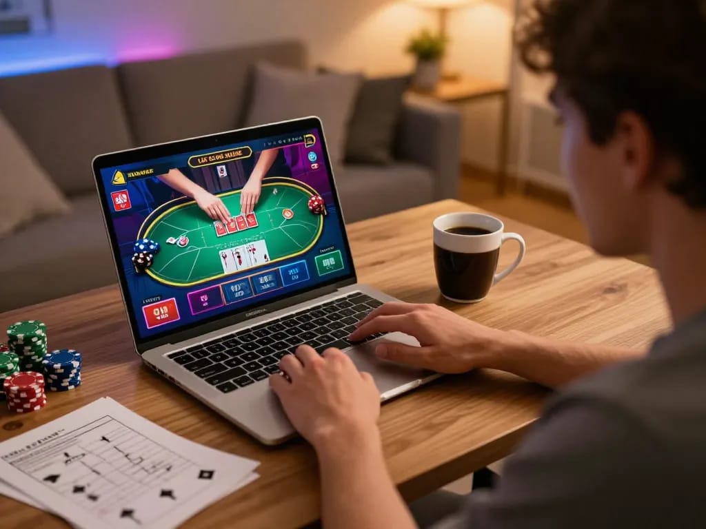 Experience thrilling online poker action on 40WIN with vibrant gameplay and strategy notes in a cozy home setting.