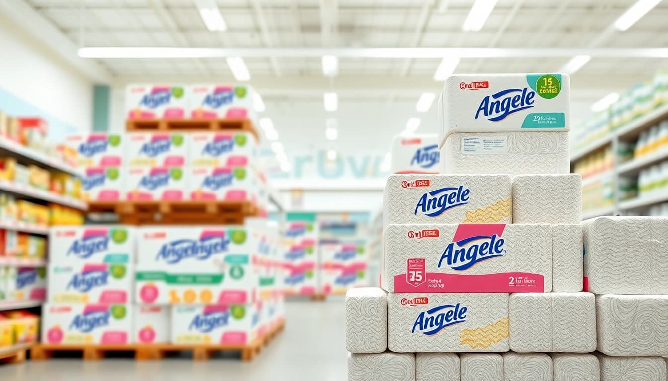 Showcase of Angel Soft Toilet Paper Pallets in a retail setting with vibrant packaging.