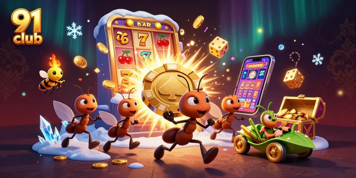 Engage with 91 club's thrilling adventures as ants heist poker chips amidst dazzling slots.