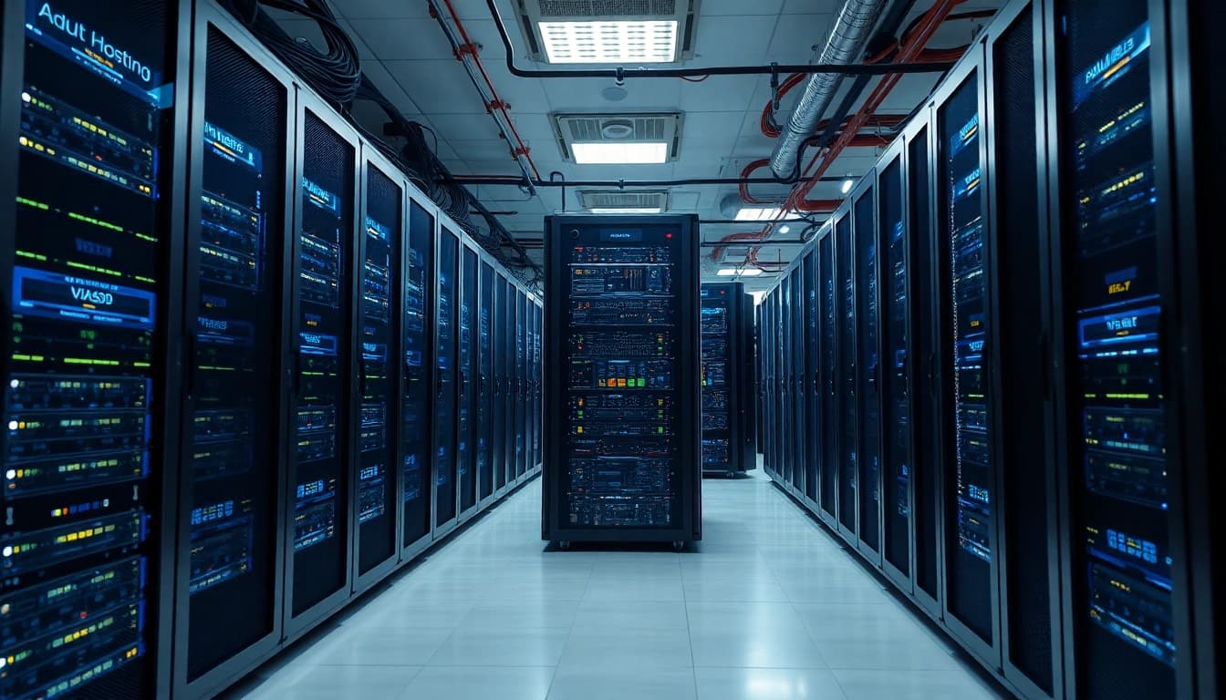 Highlighting advanced adult hosting servers in a modern data center with sleek technology.
