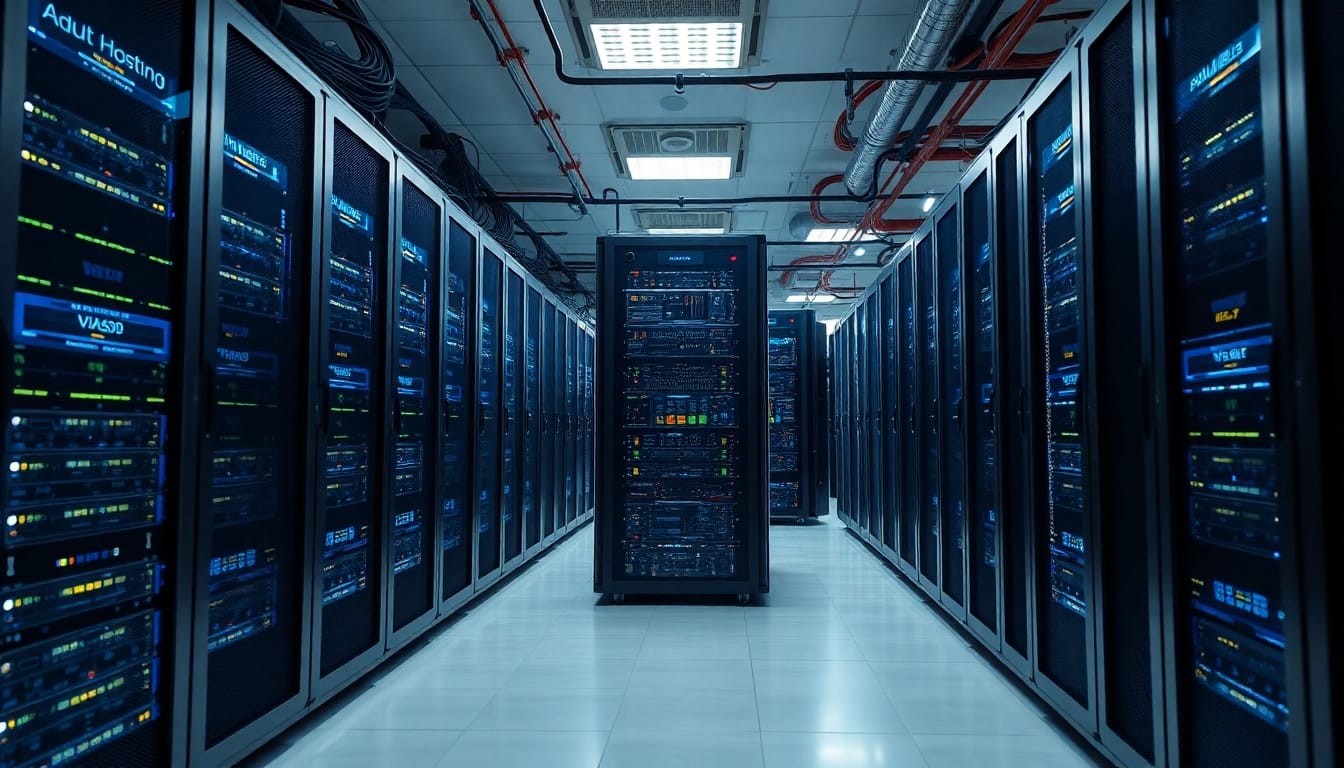 Highlighting advanced adult hosting servers in a modern data center with sleek technology.
