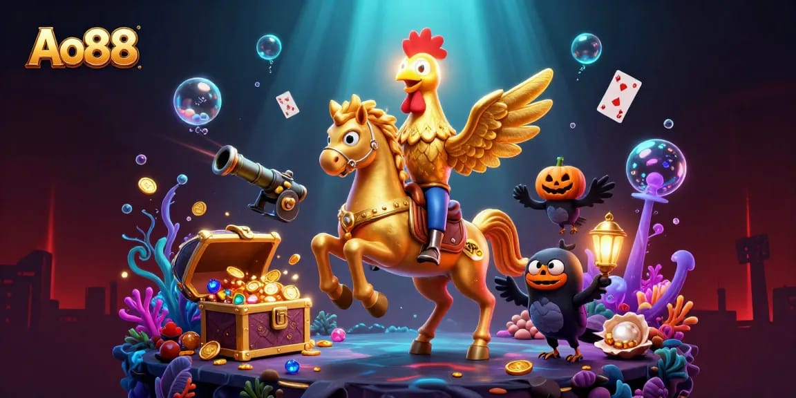 Experience thrills at Ao88 as a golden rooster with its head rides a spectral horse in a vibrant casino scene.