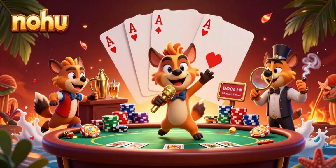 Nohu hyenas tell jokes and mix drinks in a comedy casino club illustration.
