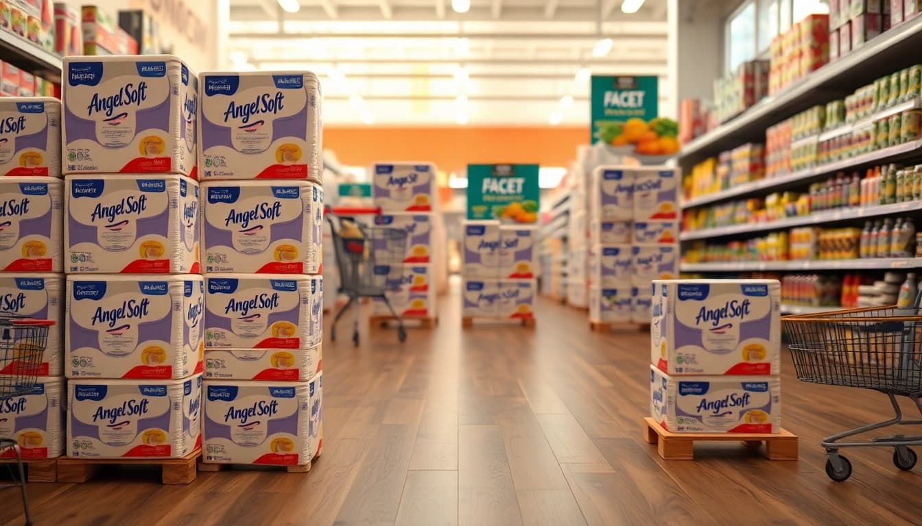 Showcasing Angel Soft Toilet Paper Pallets in a modern retail setting, emphasizing quality and availability.