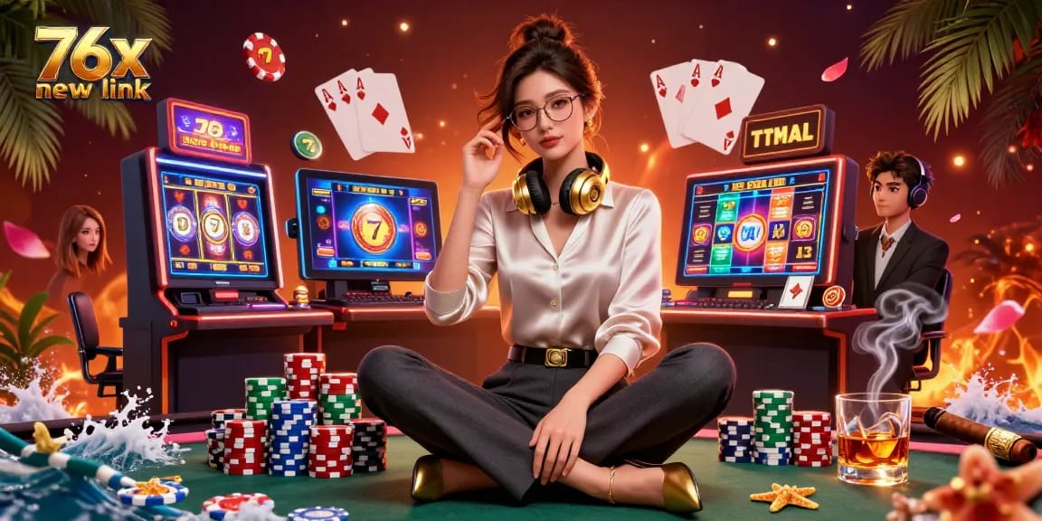 Engage with stunning 76x new link casino slots in this vibrant gaming setup illustration.