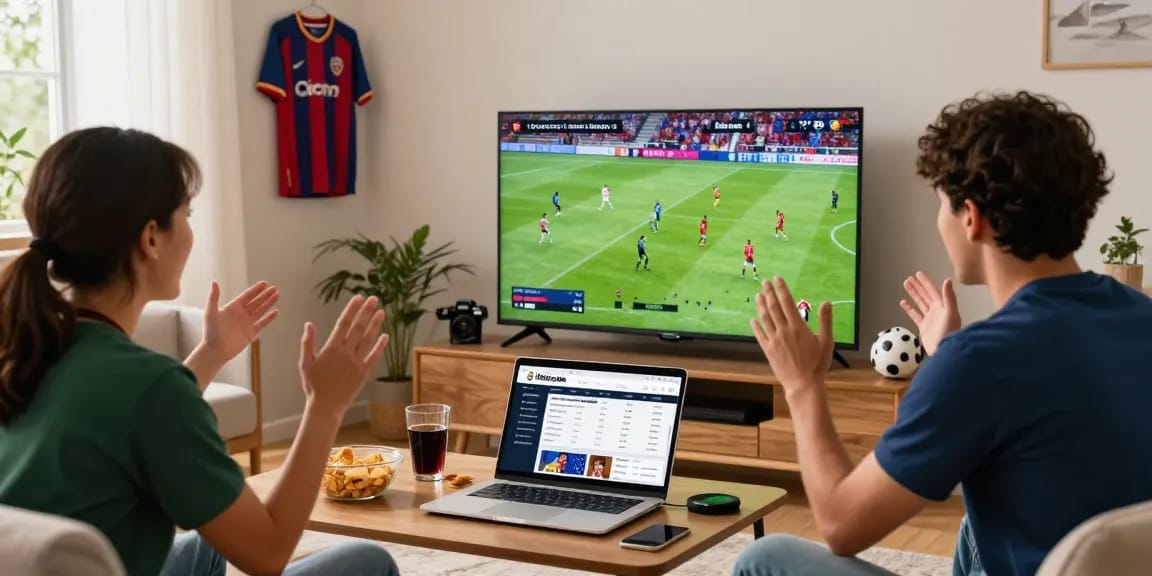 Fan enjoying live multicanais football streaming in a cozy living room