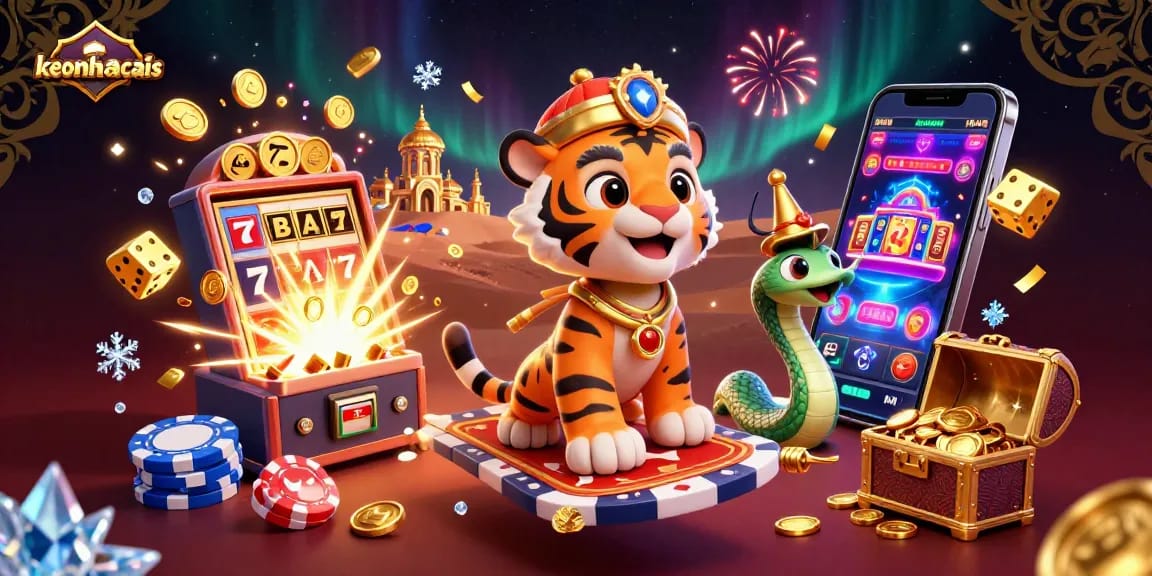 Engage in thrilling action with keonhacais as a tiger sultan and genie snake dominate a vibrant casino scene.