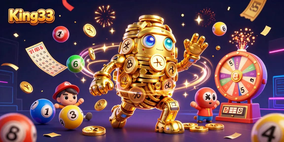 Experience thrilling gameplay with King33's casino golem surrounded by colorful elements and festive effects