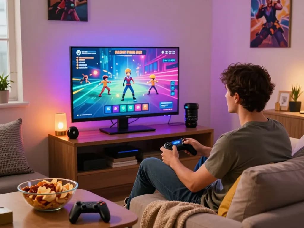 Engaging scene featuring a player immersed in free porn games on a large screen, with vibrant gaming setup.