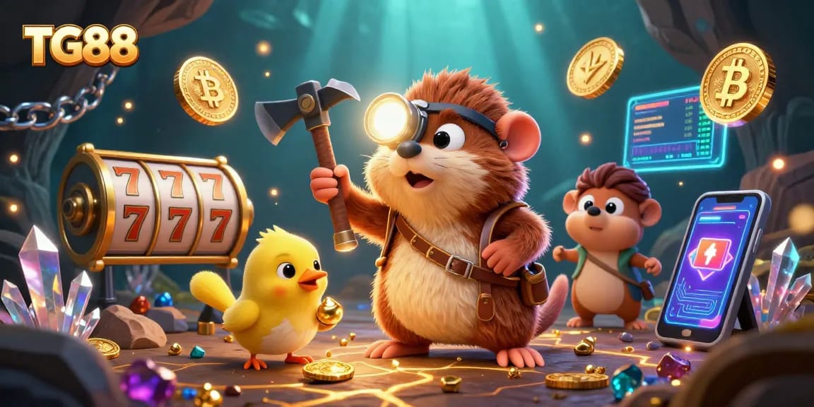 TG88 showcases an engaging treasure-hunting scene filled with slot games and cryptocurrency elements.