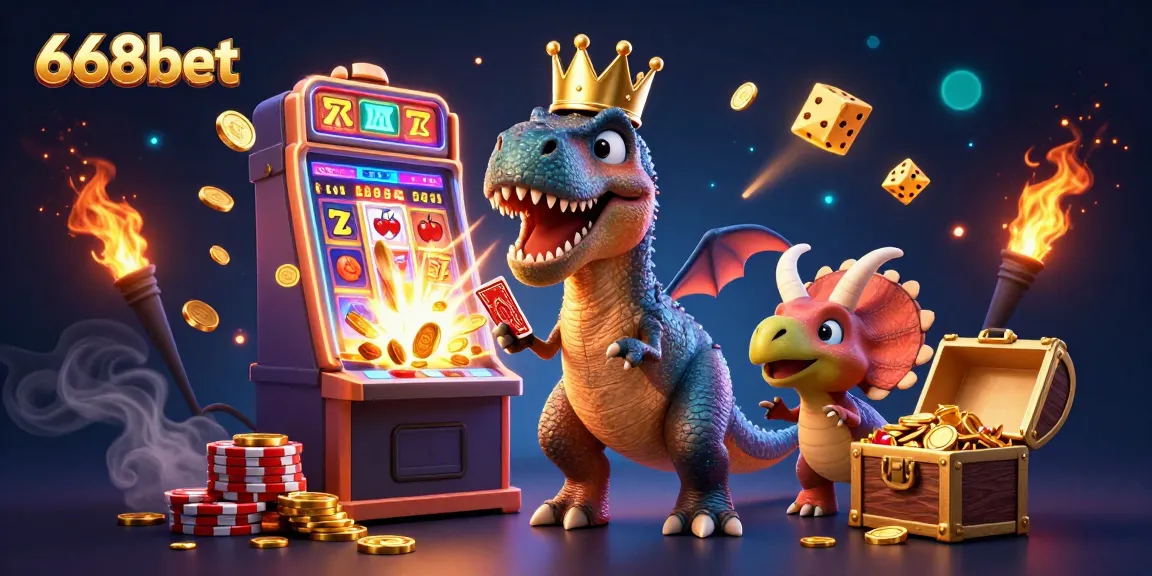 Join the excitement at 668bet with friendly dinosaurs playing cards and slots in a vibrant casino!