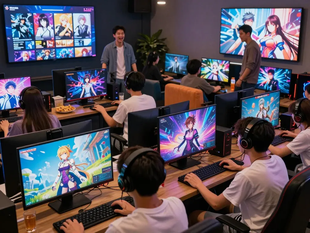 Interactive adult game lounge with diverse players enjoying various genres like visual novels and hentai.