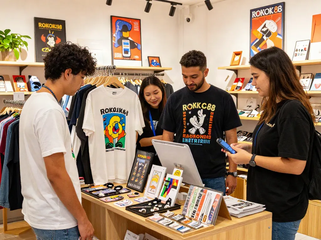 Customer exploring unique ROKOK88 merchandise in a vibrant local shop