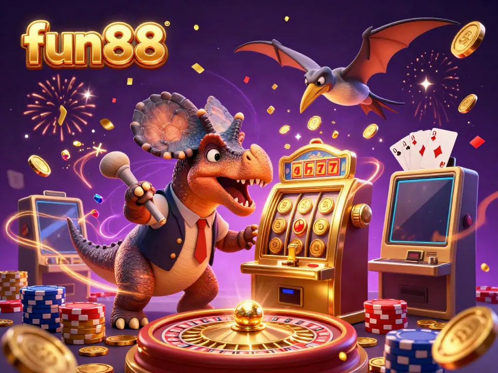 Experience the fun88 excitement as dinosaurs interact with a vibrant casino scene and jackpot coins.
