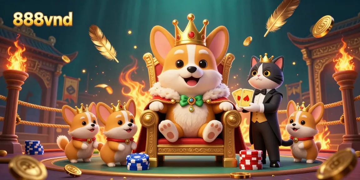 Engage with 888vnd's thrilling casino illustration showcasing a royal corgi king amidst dynamic gaming elements.