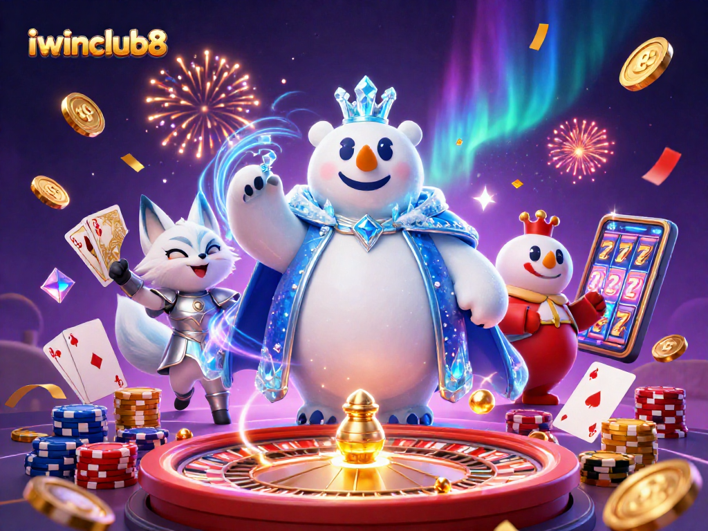 Spin and win big with iwinclub8's dazzling gaming scene featuring royal characters and casino elements.