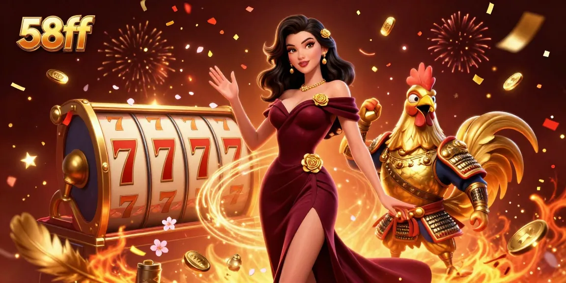Win exciting prizes with the 58ff casino experience featuring vibrant slot reels and celebration elements.