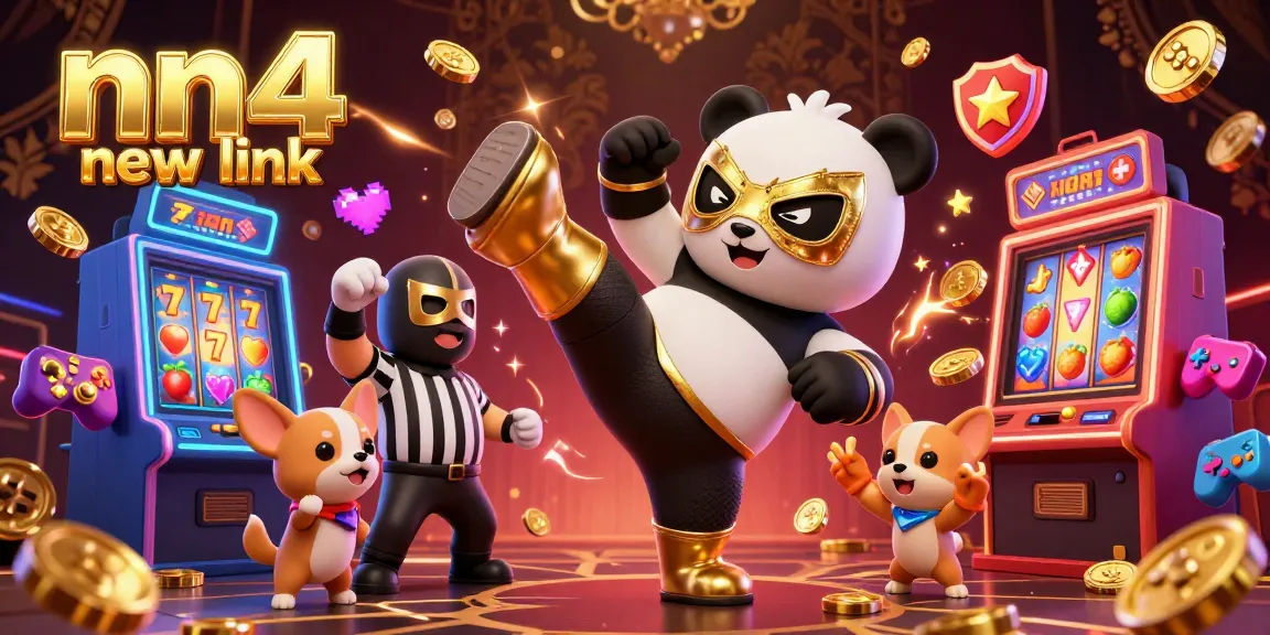 Experience the excitement of nn4 new link with a 3D panda wrestler amid vibrant casino slot action.
