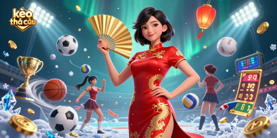 Place your bets on kèo nhà cái as a beautiful Asian woman celebrates with sports elements and golden coins!
