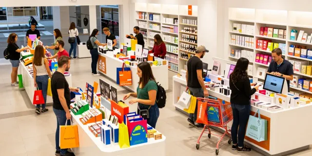 Engaging e-commerce scene highlighting diverse shoppers exploring Produtos in a modern retail setting.