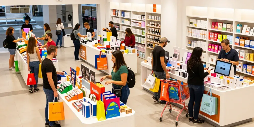 Engaging e-commerce scene highlighting diverse shoppers exploring Produtos in a modern retail setting.