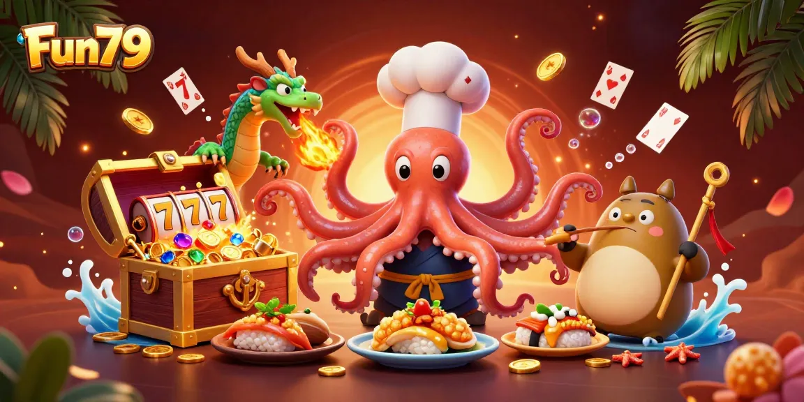 Engage in exhilarating games at Fun79, featuring cartoon characters and vibrant casino elements.
