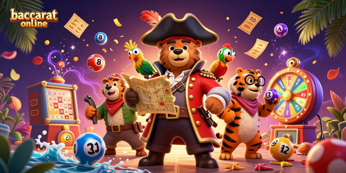 baccarat online features a pirate bear, tiger first mate, and a parrot amid colorful lottery elements.