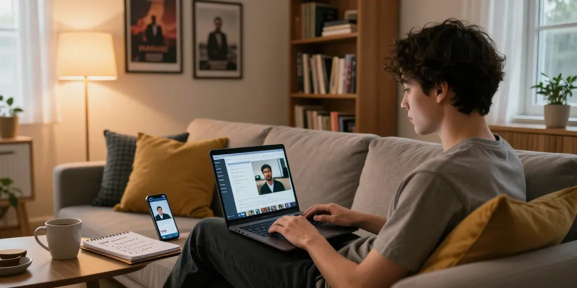 Baixar vídeo sem marca d'água em casa, jovem utilizando laptop em ambiente acolhedor.