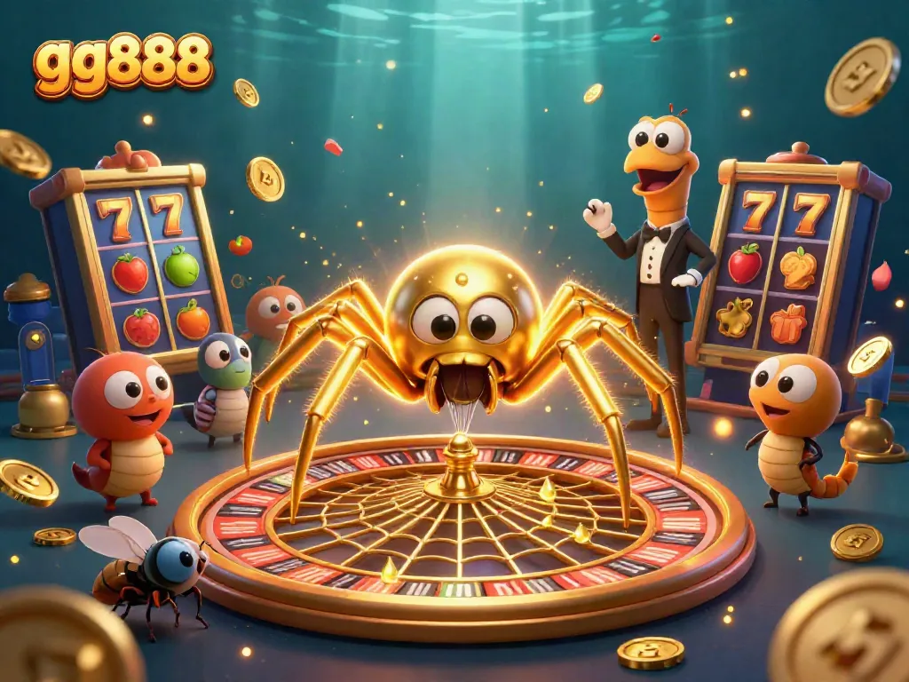 gg888 features an engaging scene with a golden spider and centipede croupier creating a captivating casino experience.